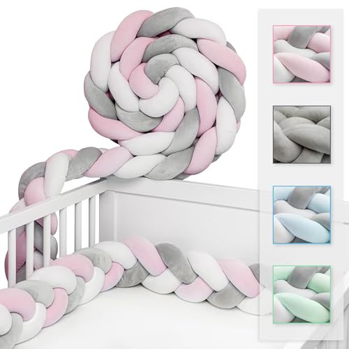 JAKOR® Yoki - Bettschlange in 2 oder 3 Meter - geprüfte ÖKO TEX Qualität - Bettschlange geflochten inkl. Wäschenetz - Babybettumrandung - Bettumrandung Babybett – 300x12x8cm (Rosa/Weiß/Grau)