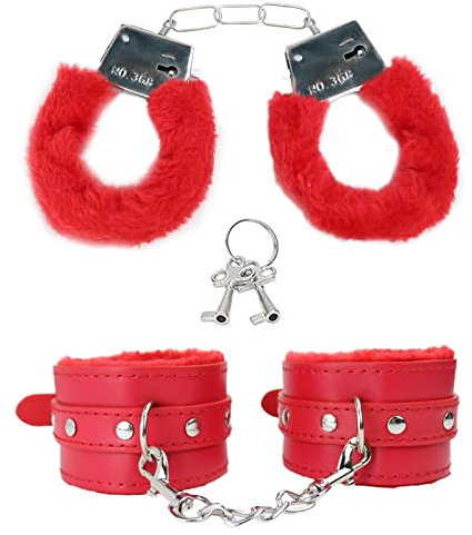 Set di 2 paia di manette per giochi sessuali, manette, cavigliere in pelle di peluche per uomo e donna, accessorio per costume da cosplay, feste, regalo di San Valentino (rosso)