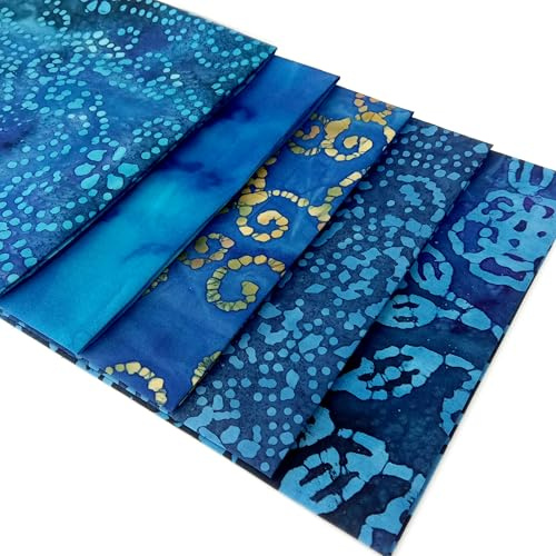 Deep Blue Fat Quarter Fabric Bundle - 5 Fat Quarters of 100% Cotton Fabric Batiks in of Blue, Navy, Turquoise & Aquamarine by Sewing Cuts