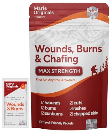 Marie Originals Wounds, Burns & Chafing Pouch 10 Packets, Max Strength First Aid Anti Chafing Cream for Men and Women with Natural Botanicals for Active Lifestyles, Soothes Dry Cracked Skin On-the-Go