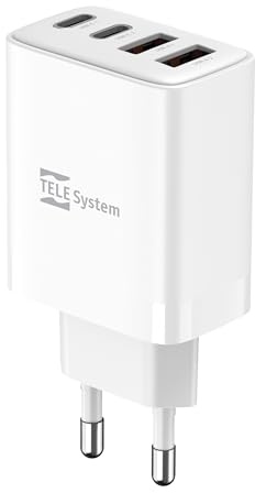 TELE System TS833 EU Caricabatterie USB-C e USB-A 40W, 4 Porte Fast Charge, Ricarica Rapida Intelligente per Smartphone e Tablet, Adattatore da Parete Compatto con Protezione Integrata