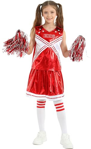 Wizland Girls Cheerleader Outfit with Pom Poms and Socks,Kids High School Musical Cheerleading Costume Fancy Dress for Halloween Carnival 10-12 yrs(Red)