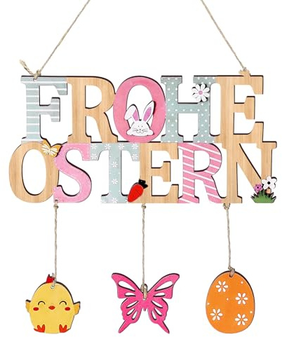 ITClosud Targa per porta Frohe Ostern, targhetta decorativa in legno per accogliere la Pasqua, decorazione pasquale per la casa con coniglietto e uova di Pasqua per porte di casa, pareti, finestre