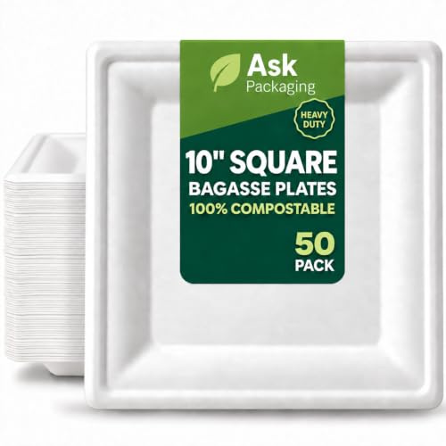 Strong Paper Plates 10 Inch 50 Pack, White Disposable Bagasse Plates | Microwave Safe, 100% Compostable, Heavy-Duty, Eco-Friendly, Biodegradable Plate for Parties, Weddings, Picnics, Hot Food