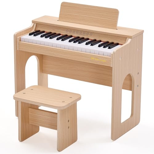 MUSTAR Piano pour Enfants, Piano numérique à 37 Touches pour Enfants, avec Banc de Piano, recueil de chansons, Autocollants et Housse de Protection, Filles et garçons, Chêne