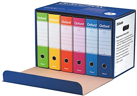 Esselte OXFORD BOX Confezione da 6 Registratori con custodia G85, Meccanismo a Leva N.1, in Formato Protocollo (23x33cm), Dorso da 8 cm, Con Scatola Archivio in Cartone, Colori Assortiti, ‎390785110