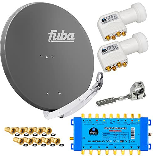FUBA 8 Teilnehmer 2 SAT Digital SAT Anlage DAA850A + Profi LNB 0,1dB Full HDTV 4K + Multischalter 9/8 PMSE + 24 Vergoldete F-Stecker Gratis dazu