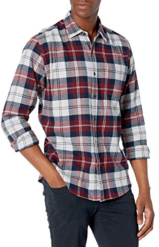 Amazon Essentials Herren Langarmhemd aus Flanell (in Übergröße erhältlich), Burgunderrot Grau Karomuster, XL