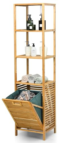 COSTWAY 2 in 1 Badezimmerregal & Wäschekorb, Hochschrank für Badezimmer aus Bambus mit 3 Ablagen, Wäscheschrank mit abnehmbarem Wäschesack & Griff, Badregal für Bad Schlafzimmer Waschküche, Natur