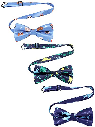 Newcotte 3 Pcs Boy's Bow Ties for Kids Toddler Child Cute Adjustable Costume Pre Tied Bowties for Kids Wedding Birthday Party(Marine Animal, Dinosaur, Dog Face Pattern)