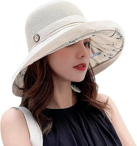 Summer Mesh Sun Hats for Women UV Protection Wide Brim Packable Beach Bucket Hat, Beige, One Size