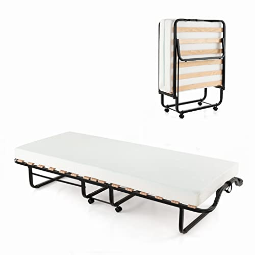 LIFEZEAL Fällbar säng, vikbar gästsäng i metallram, vikbar enkelsäng med madrass av minnesskum, vuxen metallsäng på 4 hjul (vit, 200 x 80 x 41 cm)