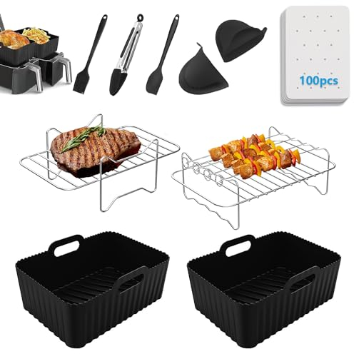 Covlongyu Air Fryer Zubehör10 Stück passend für Air Fryer AF300UK, AF400UK & 7.6L-9.5L,Mit Luft Fryer Liners Korb-Luft Fryer Rack Silikon Ofen Handschuhe &Food Clip&Oil Brush…