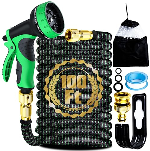 Juego de manguera de jardín expandible de 100 pies y boquilla de pulverización de 10 patrones, manguera mágica expandible flexible con accesorios de 3/4 pulgadas y 1/2 pulgadas para exteriores,