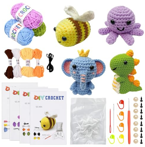Rapidbok DIY Crochet Kit Principiantes,Kit de Ganchillo para Principiantes,con 4 patrones diferentes de ganchillo de animales (Elefante/Dinosaurio/Abeja/Pulpo),para DIY y Tejido a Mano