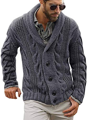 Runcati Chaqueta de punto para hombre con manga larga de punto grueso con cuello de chal, cárdigan de punto trenzado, chaqueta de punto casual con botones, abrigo de invierno, gris, XL