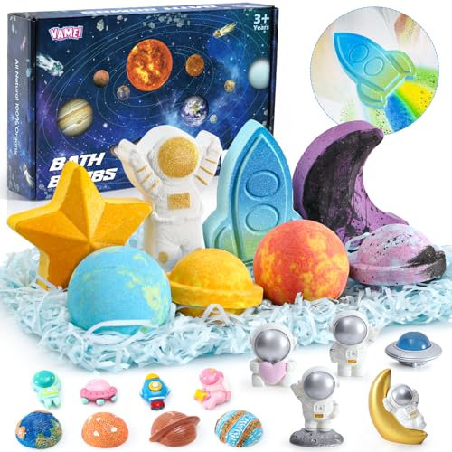 Badebomben für Kinder mit Überraschung, Badebomben Geschenkset im Inneren Planets Badekugeln & Boom Regenbogenbombe & Weltraumplaneten-Spielzeug, Badezusatz Kinder mit natürlichen ätherischen Ölen