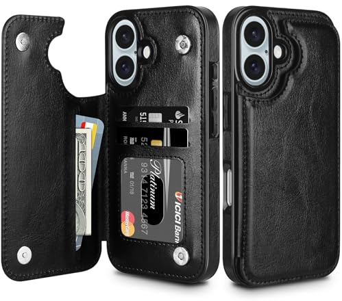 Coolden Coque pour iPhone 16 Housse en Cuir PU Premium Etui à Rabat Pochette de Portefeuille Fermeture Magnétique Pochette Emplacements Cartes Flip Case Étui de Protection pour iPhone 16 Noir