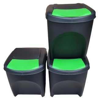 Stolmet Large Stackable Recycling Bins Set of 3x25L (Brand KrysGo) - Customizable Lids with Recycling Stickers - Waste Sorting for Home, Kitchen, Office (Black + Green)
