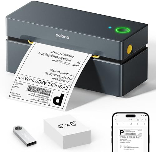 POLONO DHL Etikettendrucker Bluetooth, 4x6 Thermodrucker Versandetiketten Drucker, Ettikettendrucķer Label Printer Kompatibel mit Amazon, Ebay, Shopify, Etsy, USPS, iOS, Android, Windows, Mac (Grau)