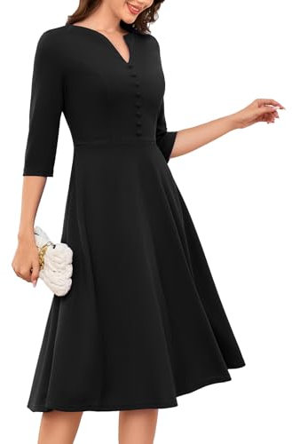DRESSTELLS Black Cocktail Dresses for Women UK, 3/4 Sleeve Formal Fall Wedding Guest Dress, Vintage Tea Party Prom Modest Funeral Black XL