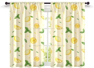 Highdi Lot de 2 Rideaux Cuisine, Impression 3D Courts Rideau Cuisine Rideau sous Evier, Petites Fenêtres Voilage Fenetre avec œillets pour Bistrot Salon Maison de Campagne (Citron,W80xL120cm)