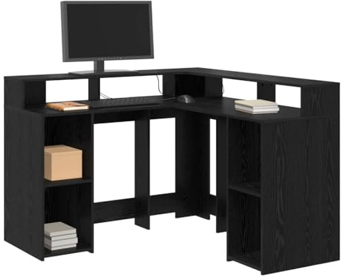 vidaXL Desk with Shelf Black oak 130 x 130 x 91 cm Engineered wood, Modern Workspace Desk, L-Shaped Office Furniture with Built-In Lighting, Cable Management for Efficient Productivity