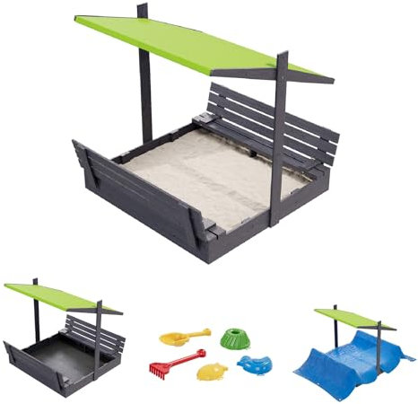 QLS Sabbiera in legno 150 x 150 cm con panchina tetto e copertura impregnata per giardino (verde, 150 cm)