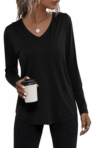 Aottori Felpa con Cappuccio Donna Maniche Lunghe Maglietta Scollo a V Elegante T-Shirt Basic Leggera Pullover Top Casual Tinta Unita Nero M