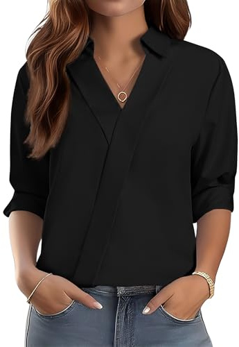 LOMON Blouses for Women Dressy Casual 3/4 Sleeve Trendy Work Tops 2026 Business Casual Outfits V Neck Spring Summer Dress Shirts (Black,S)