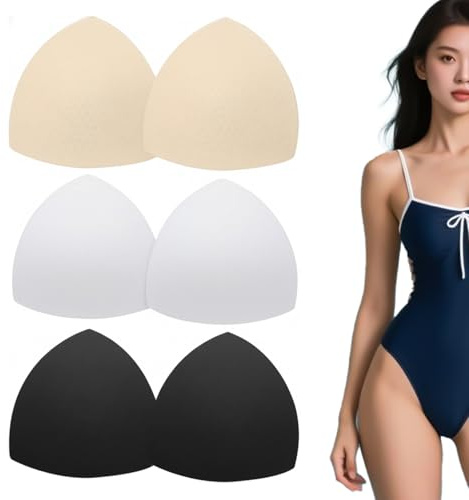 UNIHOC Inserti per Reggiseno Triangolari, 3 Paia Imbottiture Morbide Rimovibili in Spugna, Coppe Leggere Traspiranti per Reggiseni Sportivi, Bikini e Costumi da Bagno, Set Nero Bianco Beige