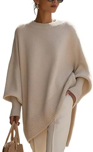 GHTRHSB Women's Oversized Poncho Sweater - Soft Knit Batwing Sleeve Pullover for Fall Winter, Casual Crew Neck Loose Top (XXL,Beige)