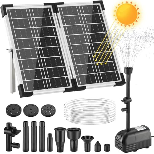 Clevich 20W Fontana Solare per Esterno,230 L/H, Massima 180 cm,4+4 Ugelli e 2 Cartucce Filtranti di Ricambio,Tubo Acqua 1,5 m,Cavo 5m,Adatto per Stagno da Giardino Medio(5-10 m²),Bagno Uccelli,Fontana