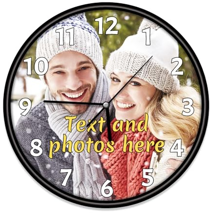 KKHH Personalized Photo Wall Clock – Custom Small Round Clock with Picture, Silent Non-Ticking Wall Décor for Kitchen, Bathroom, Home (Black)