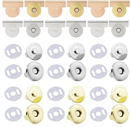 12 Pares Cierres para Bolsos y Ropa, Botones Magnéticos de Presión 18mm, Corchetes de Presión Metálicos para Coser, Imanes para Carteras, Chaquetas y Manualidades DIY, 4 Colores (Oro, Plata, Blanco)