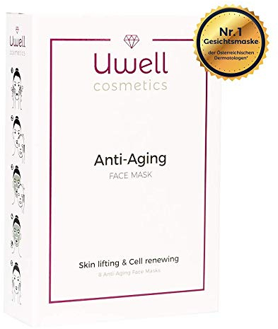 UWELL Cosmetics Anti-Aging Face Mask Gesichtsmaske | Premium Tuchmaske | Aloe Vera Hydrogel Vlies Maske | Hautverjüngend | Faltenreduktion | Vegan | einfache Anwendung | 8 Stk.