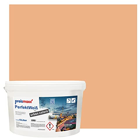 Preismaxx Perfektweiß Wandfarbe aprikose orange matt 5L - Innenwandfarbe für kreative Wandgestaltung, apricot, Innenfarbe, hohe Deckkraft Klasse 2, Trendfarbe für Wohnzimmer, bunte Akzentfarbe