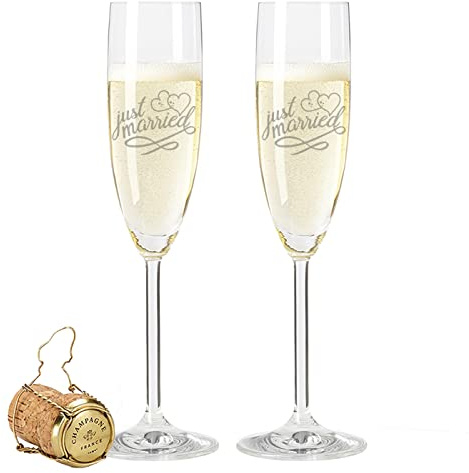 Leonardo – Bicchieri da spumante con incisione – Just Married – perfetti come regalo di nozze per la coppia di sposi, regalo personale per lui e lei, adatti per champagne e spumanti