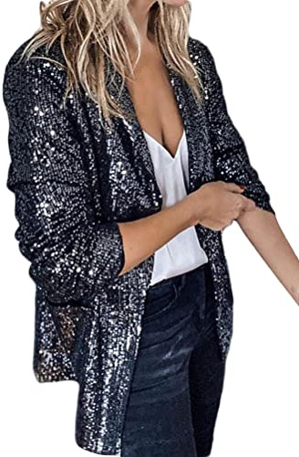 Onsoyours Chaqueta con Lentejuelas Brillantes para Mujer Cárdigan Jersey de Manga Ropa de Fiesta Larga Bolero Top Cortos Elegante Blazer Glitter Party A Negro XS