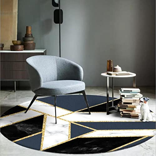 Outdoor Teppich Balkon Terrasse Küchenteppich Großer Rund Kurzflor rutschfest Runden Teppiche, Marmorimitat Gold Line Geometrisch Dunkelblau Schwarz,ø 140 cm