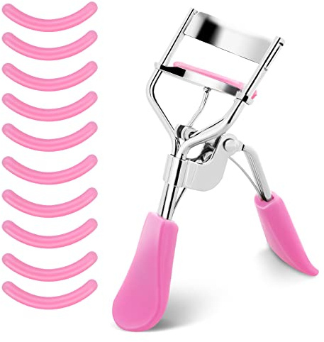 Sibba Lash Curler, No Pinching or Pulling, Long Lasting Eyelash Curler Fit All Eye Shapes, Professional Makeup Tool for Eyelashes with 10 Pieces Silicone Refill Pads (Pink)