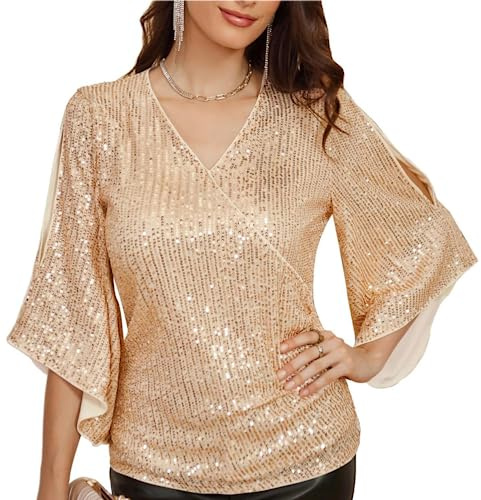GRACE KARIN - Blusa da donna con maniche a 3/4, scollo a V, paillettes, adatta per cocktail party e feste | Camicette avvolgenti da sera per uscire clubwear camicia con paillettes taglie forti glitter scintillante top per le donne