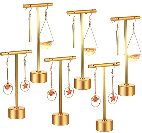 Kigeli 6 Pack Metal T-Bar Earring Display Stand Retail Earring Display Holder Detachable Jewelry Storage Rack for Selling Photography Prop(Gold)