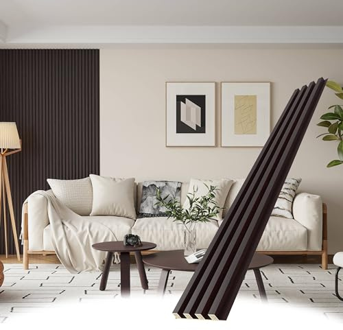 POHARE WPC Slat Wall Panels, 8 Pack Accent Decorative Acoustic Wood Slats for Wall and Ceilings, Acoustic Panels for Interior Wall Modern Décor, Black Brown, 95 x 6 in