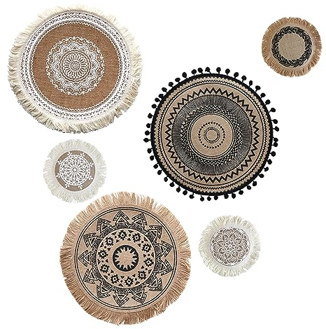 LELE LIFE Jute Boho Wall Decor Set of 6, Flat Round Macrame Boho Wall Hanging, Mandala Wall Art for Bohemian Farmhouse Rustic Bedroom Living Room Wall Decor, Style A