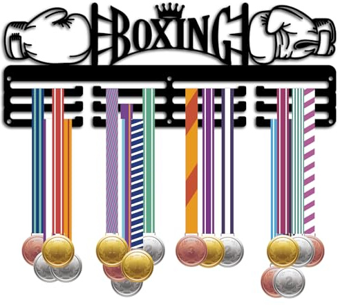 CREATCABIN Porte-Médailles Boxe,Support Mural pour Médailles,Étagère pour Médailles Sport,Décoration Murale Noire,Organisateur Médailles,Support pour Accrocher 60 médaille,Ruban Football,40x15cm