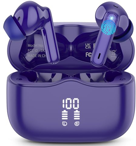 Wireless Earbuds Bluetooth 5.4 with HiFi Stereo Bass, 40H In‑Ear Earphones | Deep Bass, 4 ENC Noise Cancelling Mics, Dual LED Display, IP7 Waterproof, USB-C, Android iOS, Running Work Travel, Navy-Blue