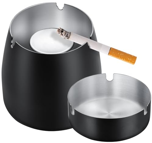 Aschenbecher für den Außenbereich, 2 in 1 Original Aschenbecher mit Deckel, Tragbarer Aschenbecher aus Edelstahl, Geruchssicherer Aschenbecher für Garten/Bar/Restaurant/Büro - Schwarz
