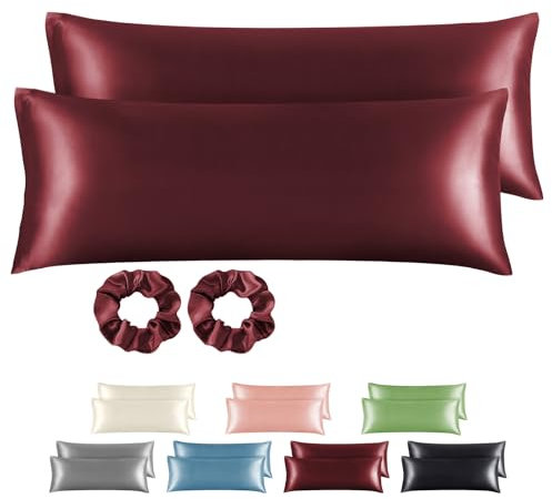 BEDELITE Satin Kissenbezug 40x145 Rot - Seitenschläferkissen Bezug 40 x 145 2er Set mit 2 Haargummis wie Seidenkissenbezug, Kopfkissenbezug 145x40 für Seitenschläfer Kissen