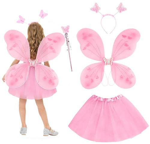 AYBUY kostym fjäril barn flickor, 4 stycken lila glänsande tutu med fjärilsvingar, lämplig för födelsedagsfest, cosplay, temafest, karneval, halloween, cosplay